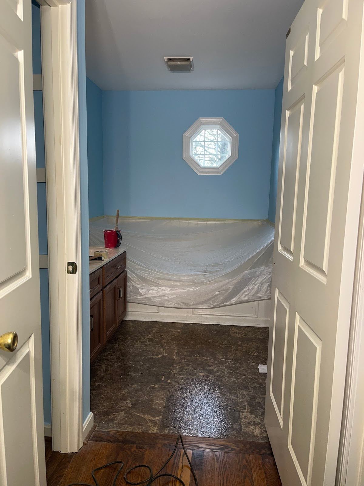 A bathroom being painted.